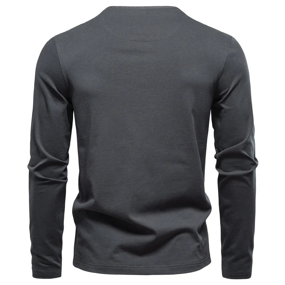 Men's Long Sleeve Fashion High Quality Cotton T-Shirt With Button Collar Basic Male T-Shirt