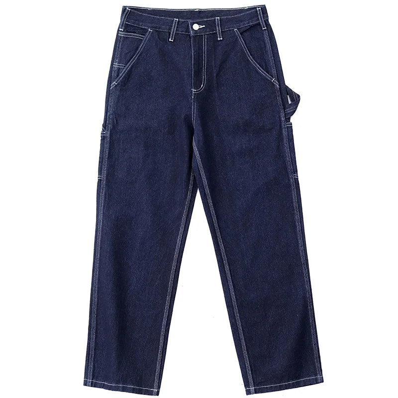 3903# Spring New American Retro Denim Carpenter Cargo Jeans Men's 100% Cotton Washed Loose Casual Multi-pocket Straight Pants