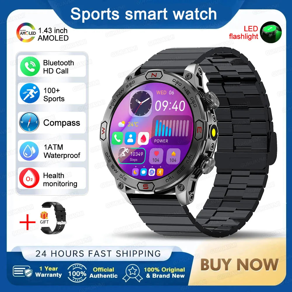 Outdoor Military Smart Watch Men Compass GPS Track Bluetooth Call IP68 Waterproof AMOLED Screen Smartwatch Compatible with Android IOS