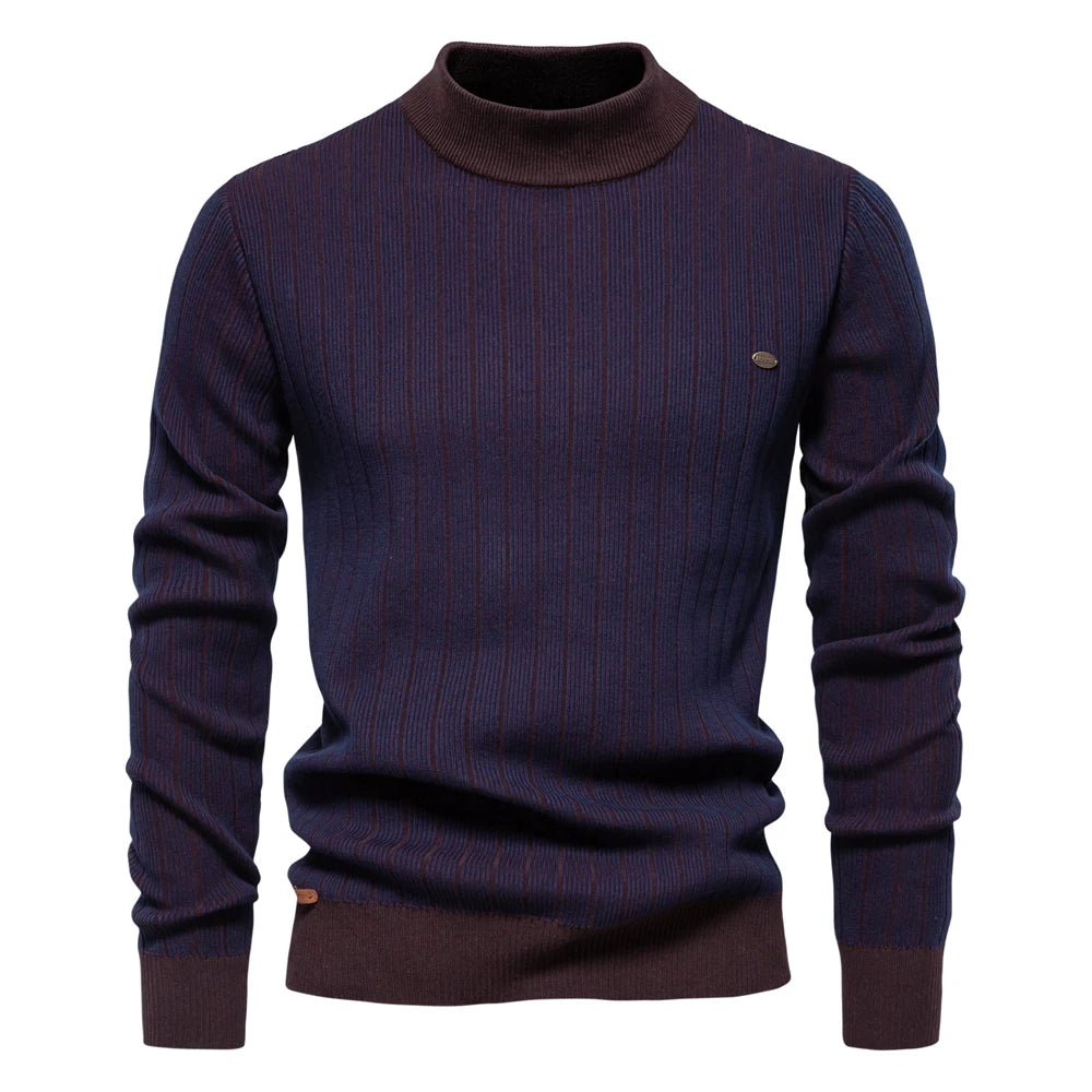 Men's Mock Neck Cotton Pullover Sweaters Autumn Winter Warm Stripped Sweater for Men