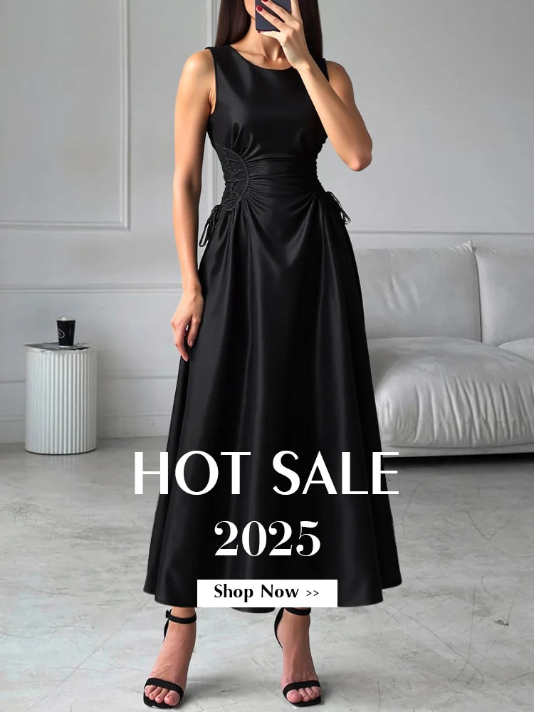 Dresses Spring Summer Fashion Elegant Solid Colour Sleeveless Round-Neck Midi Party Shift Dresses For Women