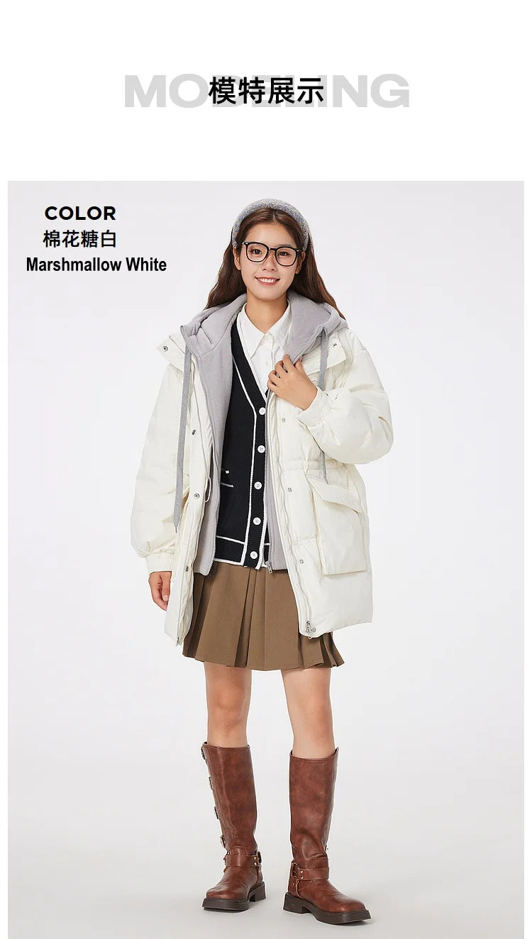 Women's Faux Two-Piece Mid-Length Puffer Jacket With Cosy Polar Fleece Lining, Hooded Warmth Loose Duck Down Coats For Ladies