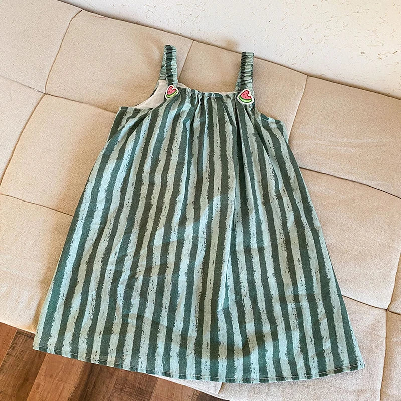 Children's Summer Clothes 2PCs Set Boys' Pure Cotton Striped Tee and Shorts Suit Cute Girls Suspenders Dress Siblings' Outfit Unisex