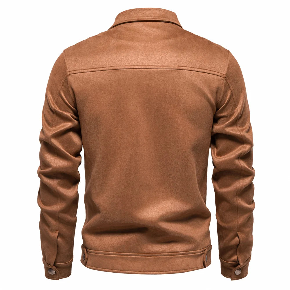 Men's Brown Suede Turn Down Collar Jacket Casual Business Faux Leather Trucker Jackets Coat For Men