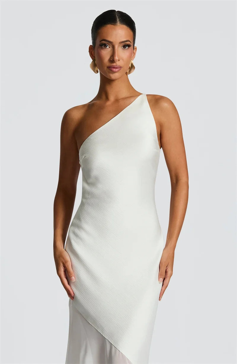 One Shoulder Backless Sleeveless Maxi Dress Women's Sexy Gown Fashion Patchwork Bodycon Club Party Long Dress Elegant Floor-Length