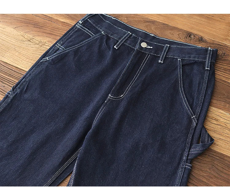 3903# Spring New American Retro Denim Carpenter Cargo Jeans Men's 100% Cotton Washed Loose Casual Multi-pocket Straight Pants