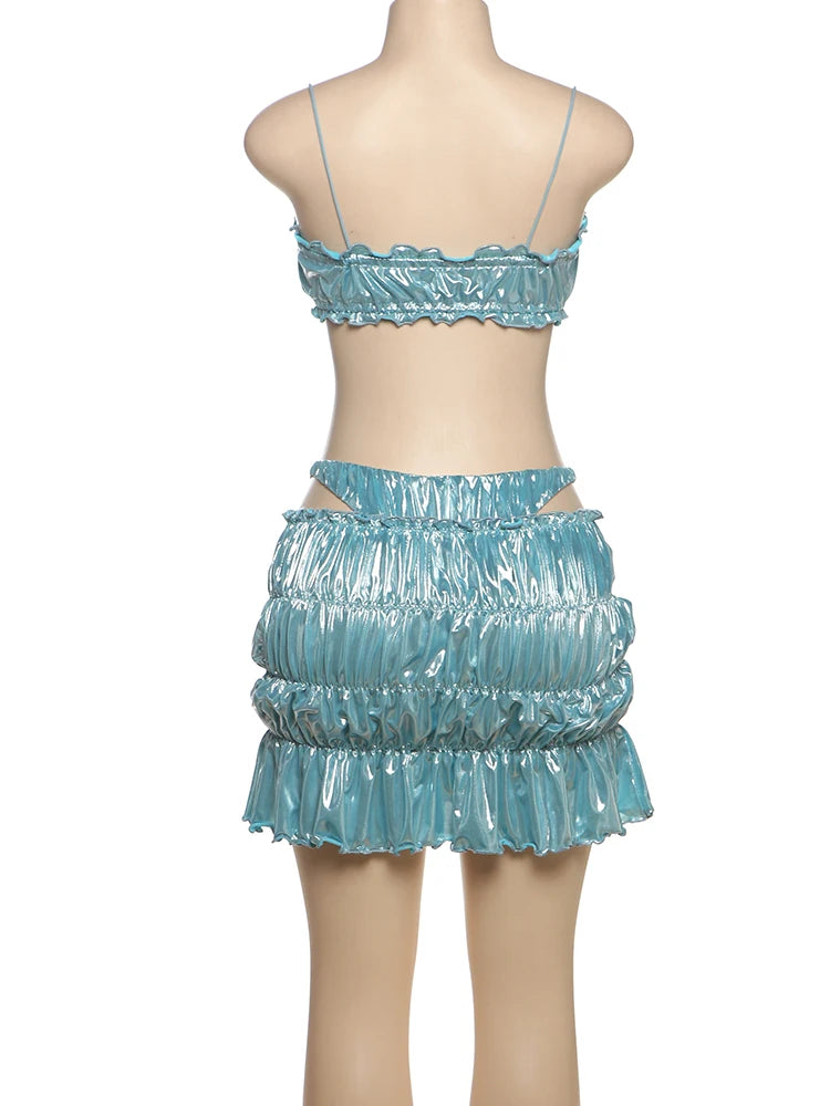 Sexy Beach Style Women 2 Piece Set Y2K Glitter Silky Strapless Bandage Camisole + Briefs + Ruched Ruffles Skirts Clubwear