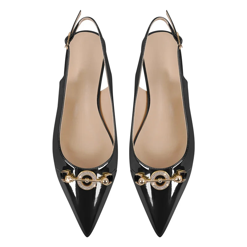 Women Pointed Toe Slingback Sandals Big Size Patent Leather Ankle Strap Party Dress Shoes