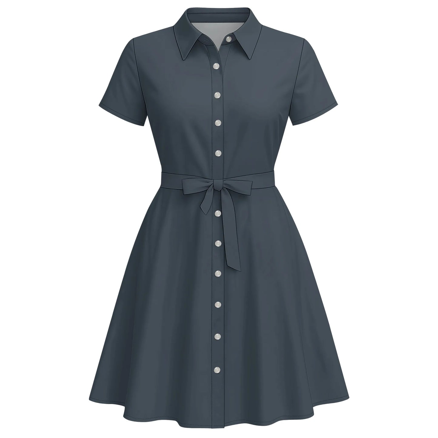 Women's Fashion Button Up Split Dresses Short Sleeve Casual Solid Color Midi Dress A-Line Swing Dresses with Belt
