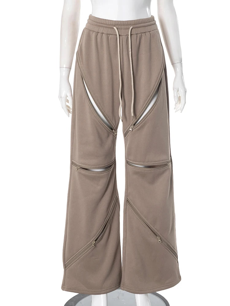 Zip Hollow Pants Street Fashion Trend Casual Sportief Effen Chic Devise Onregelmatig Basic Hipster Wijde Broeken Voor Vrouwen