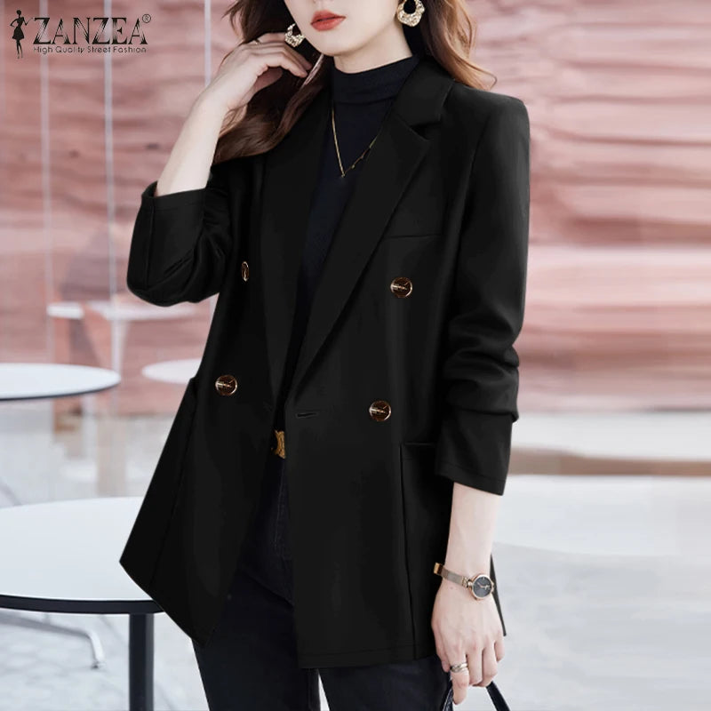 Casual Women Blazer Solid Office Lady Commute 2025 Spring Thin Jackets Lapel Neck Double-Breasted Long Sleeve Blazer