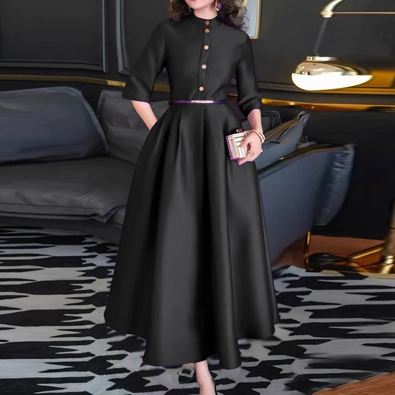 Elegant Women Party Maxi Dresses 2025 Autumn Fashion Stand Collar 3/4 Sleeve Half-Button Fitted Waist A-Line Robes Femme