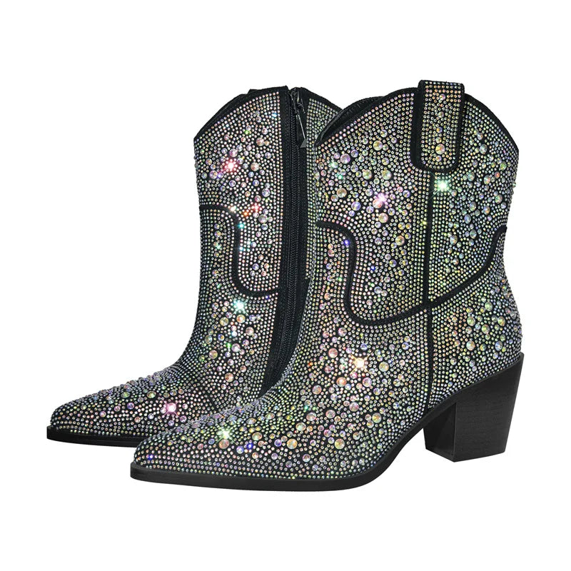 Women Rhinestone Pointed Toe Ankle Boots Silver Glitter Bling Shiny Pretty Gorgeous Dress Cowgirl Boots