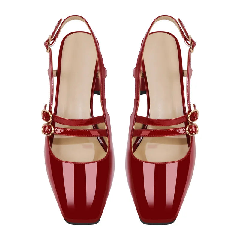 Women Square Toe Red Patent Leather Straps Chunky Heel Slingback Sandals Chunky Heel Sandals