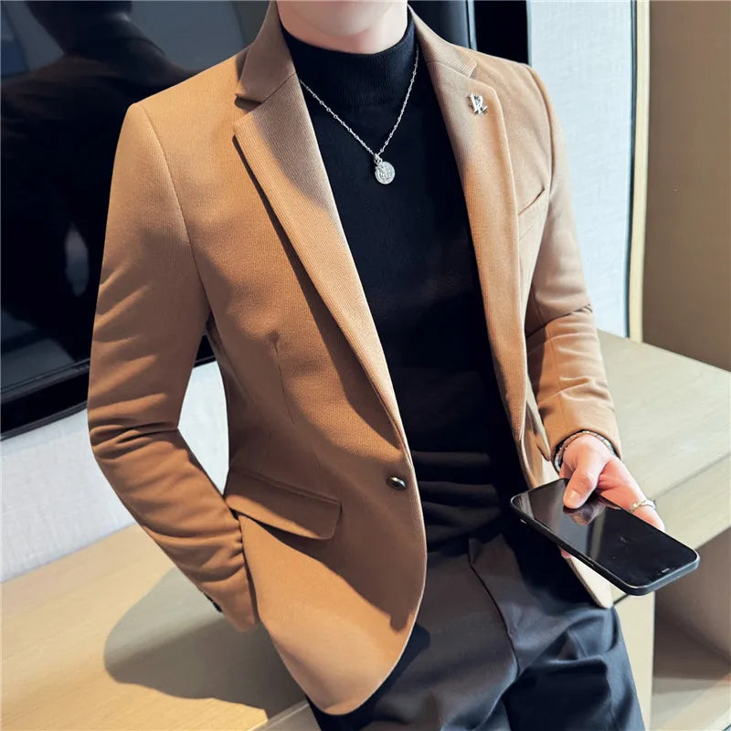 Men's Thickened High-Quality Daily Work Formal Single-Breasted Woollen Coat with Dark Stripe for Autumn and Winter Size S-4XL