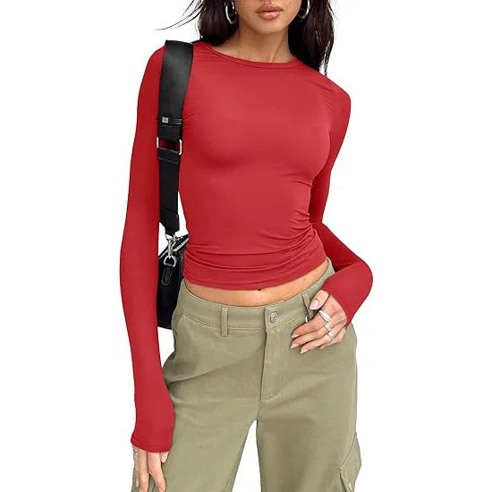 Fashion Senior Women's Long Sleeve Crew Neck Solid Slim Fit T-shirt Crop Top Ladies Daily Streetwear Casual Tee