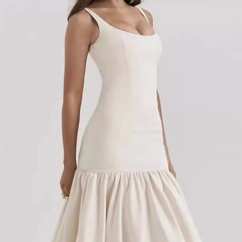 Elegant Ruffles Spliced Suspenders Long Dress Women Slim Square Collar Sleeveless Vestidos Summer Fashion Female Party Robe