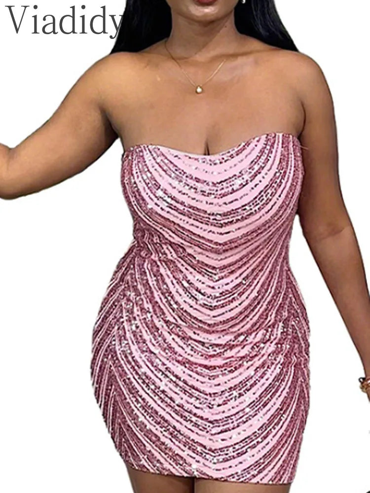 Women's Sexy Solid Color Sequin Decor Sleeveless Backless Bandeau Party Dress