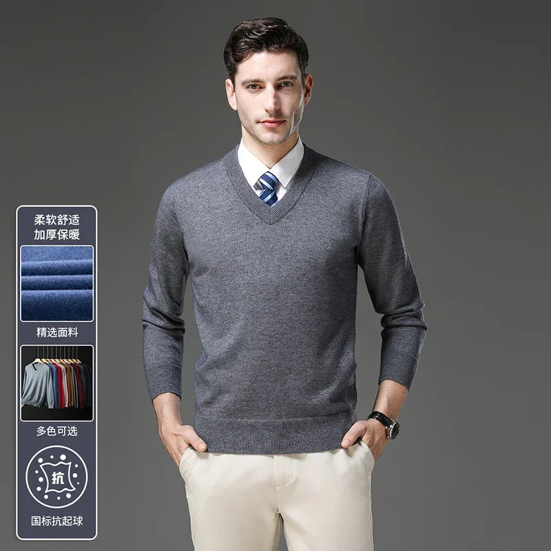 Men's Warm V-Neck Solid Colour Sweater, Autumn & Winter Stretch Top, Daily Leisure Pullover Knitwear, Male Business Casual