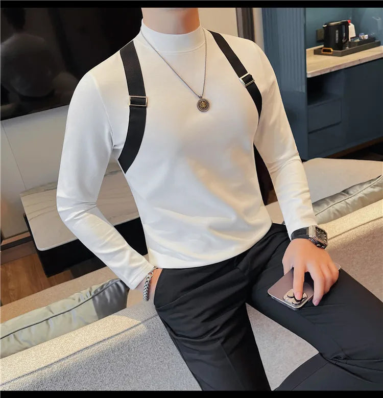 Men's Strap Long-Sleeved T-shirt For Autumn and Winter, Slim Fit Half Turtleneck Bottoming Shirt, Fashion City Knitwear