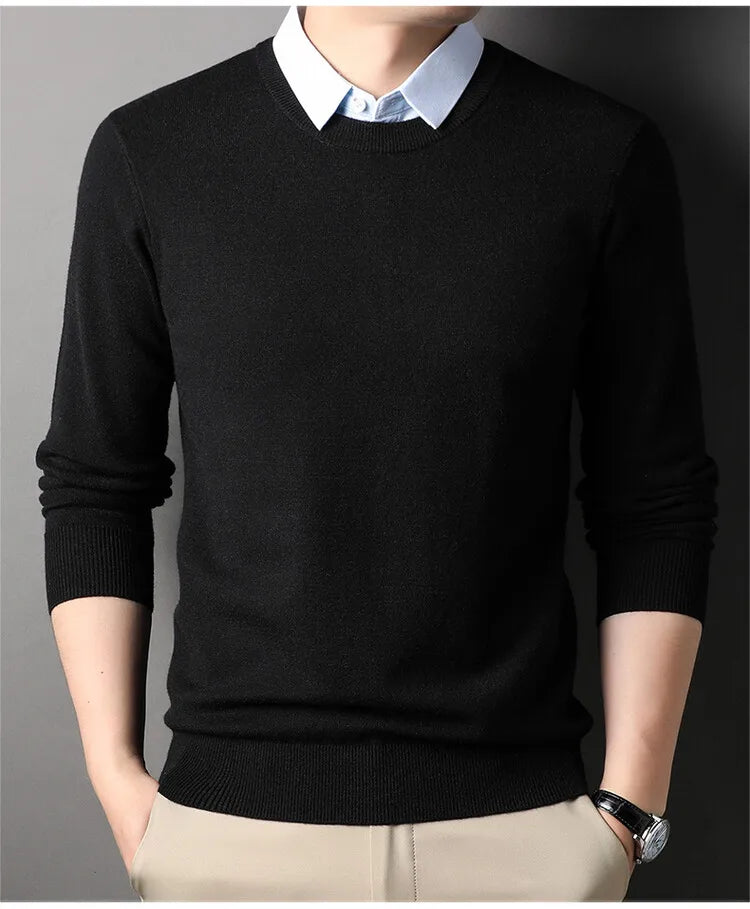 Unisex Knit Sweater Dark Navy False Two-Piece Design Thickened Layered Look With Built-in Collar Soft Touch & Warm Sweater For Men & Women
