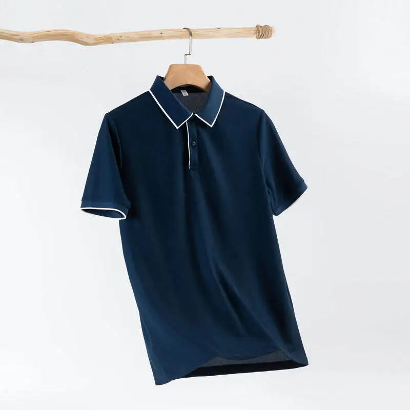 Men's Business Casual Polo Shirt With White Trim Short Sleeve, Classic Collar Design, Breathable, & Male Stylish T-Shirt