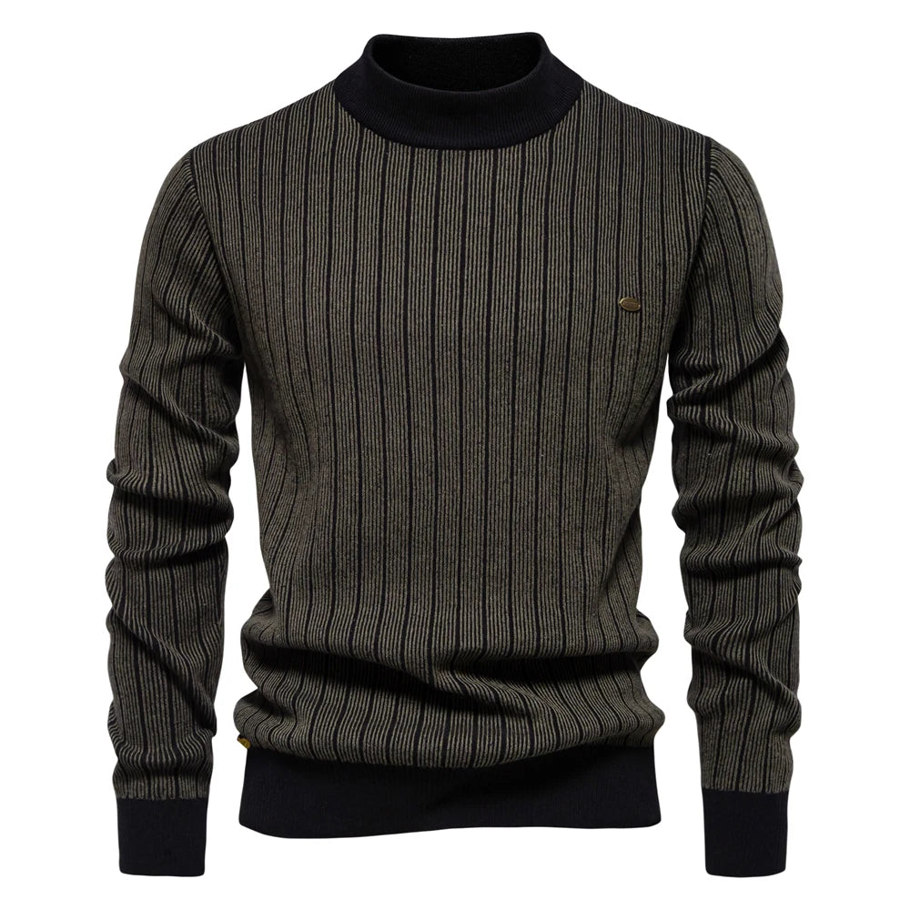 Men's Mock Neck Cotton Pullover Sweaters Autumn Winter Warm Stripped Sweater for Men