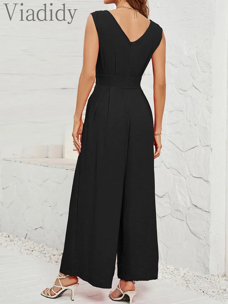 Women Solid Color V-Neck Sleeveless Side Pockets Wide Leg Jumpsuit