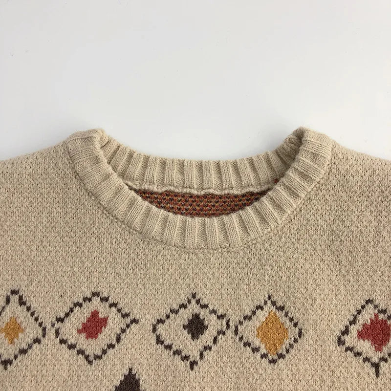 Autumn Winter Colourful Grid Retro Kids Sweaters Vintage Boys Warm Pullover Thicken Girls Knitwear Coat 1-6Y Unisex