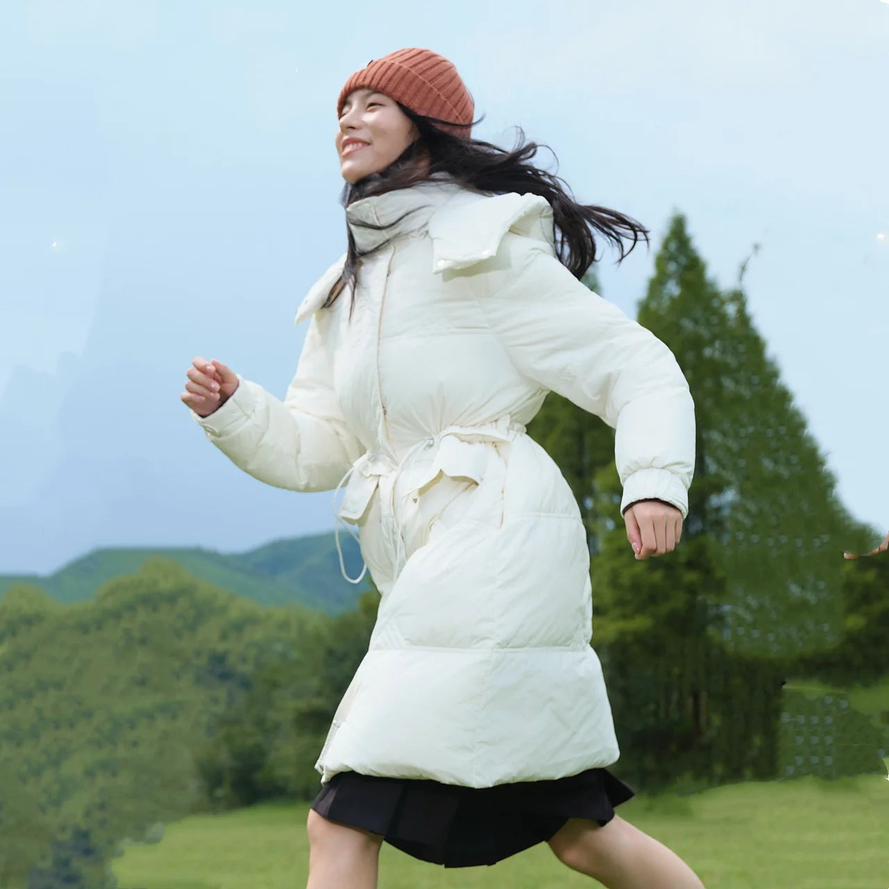 Women's Stand Collar Hooded Long Down Jacket, Waist Adjustable Belted Solid Colour, Thick Puffer Coat Fashionable Korean Style For Ladies