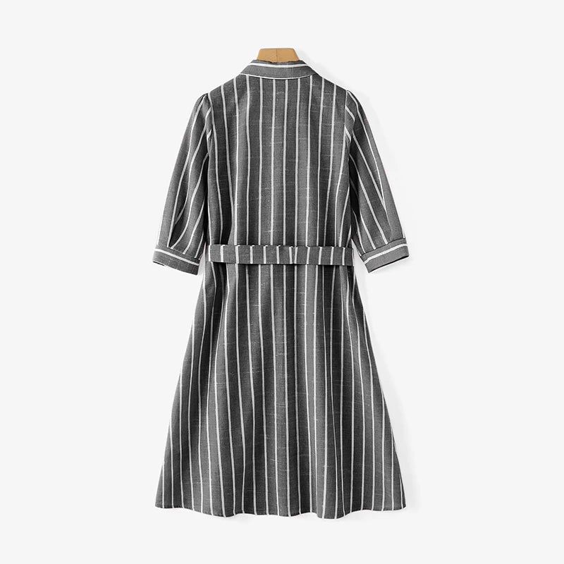 Women Striped Shirt Dress Elegant Lapel Neck 3/4 Sleeve A-line Midi Dresses 2025 Summer Tie-Waist Robes Femme Vestidos