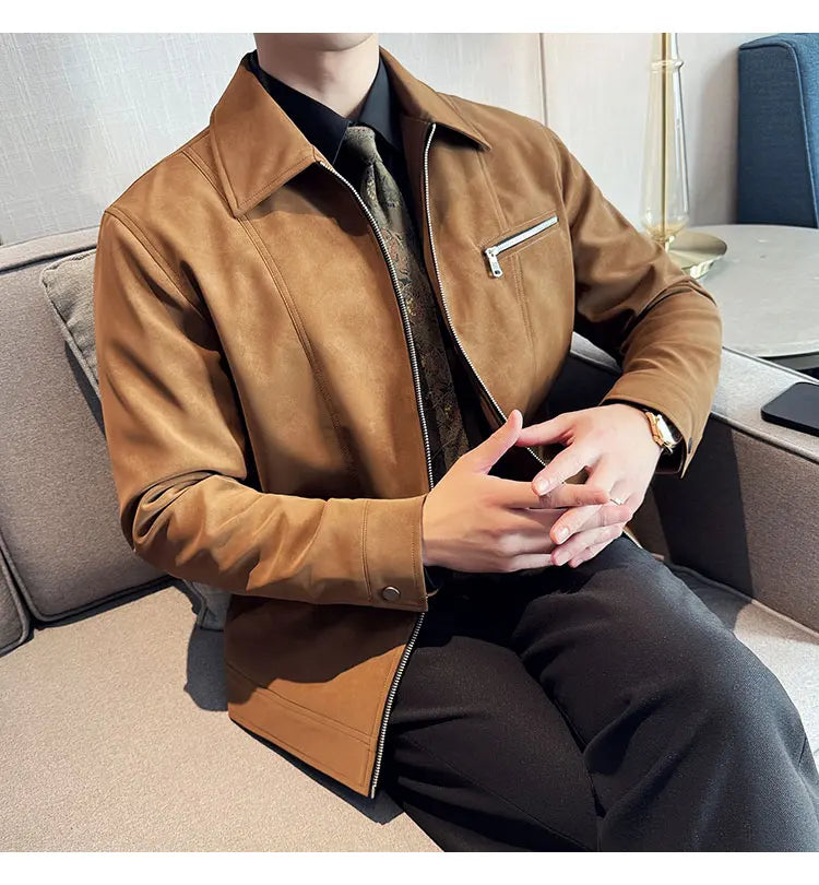 Men's Suede Casual Jacket, Lapel Fashionable Jacket, High-Grade Zipper Decorations, Business Casual Warm Male Coat