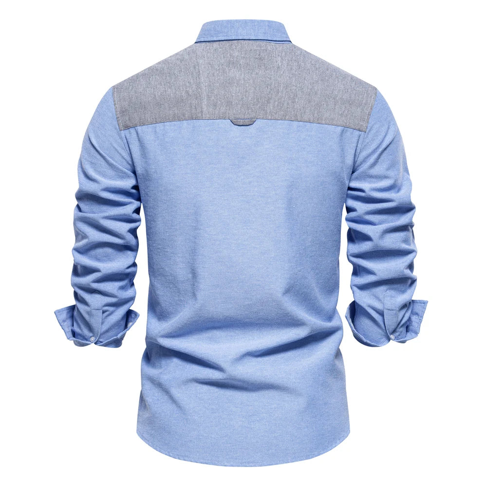 Men's Spring Patchwork Oxford Shirt Casual Wear Cotton Blend Pocket Shirts For Men