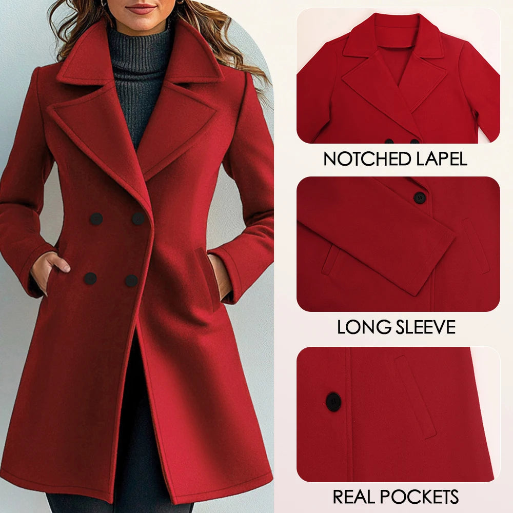 Women's Autumn Winter Trench Coats Long Sleeve Lapel Neck Double Breasted French Long Jackets