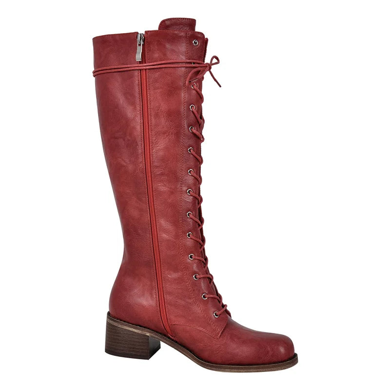 Women Knee High Boots Round Toe Black Matte Gothic Heeled Concise Side Zipper Winter Lace UP Motorcycle Boots