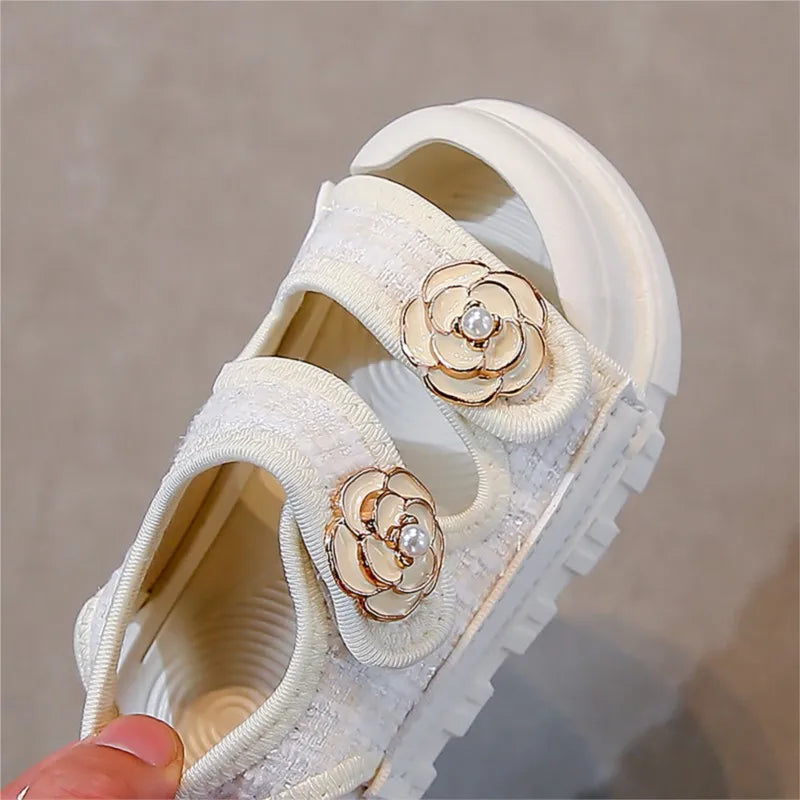 Korean Style Summer Sandals For Girls Luxury Pearl Flower Children's Beach Shoes Ergonomics Soft-soled Kid's Girl Sandals