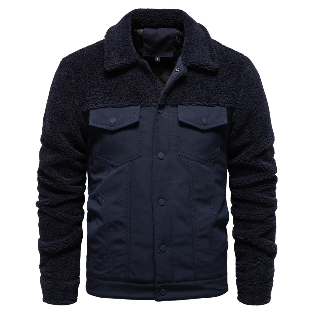 Men's Winter Warm Thick Sherpa Fleece Jacket Patchwork Fur Collar Fashion Casual Work Jackets for Men
