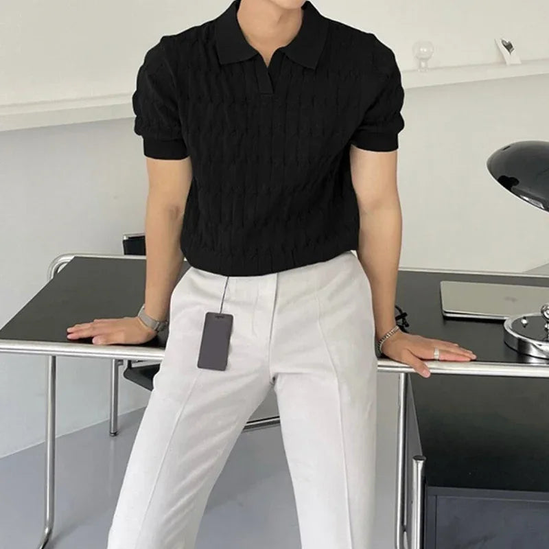 Men's Jacquard Knitted Polo, Casual V-Neck Striped T-shirt, Solid Colour Short Sleeved Lightweight Breathable Luxury Male Clothing