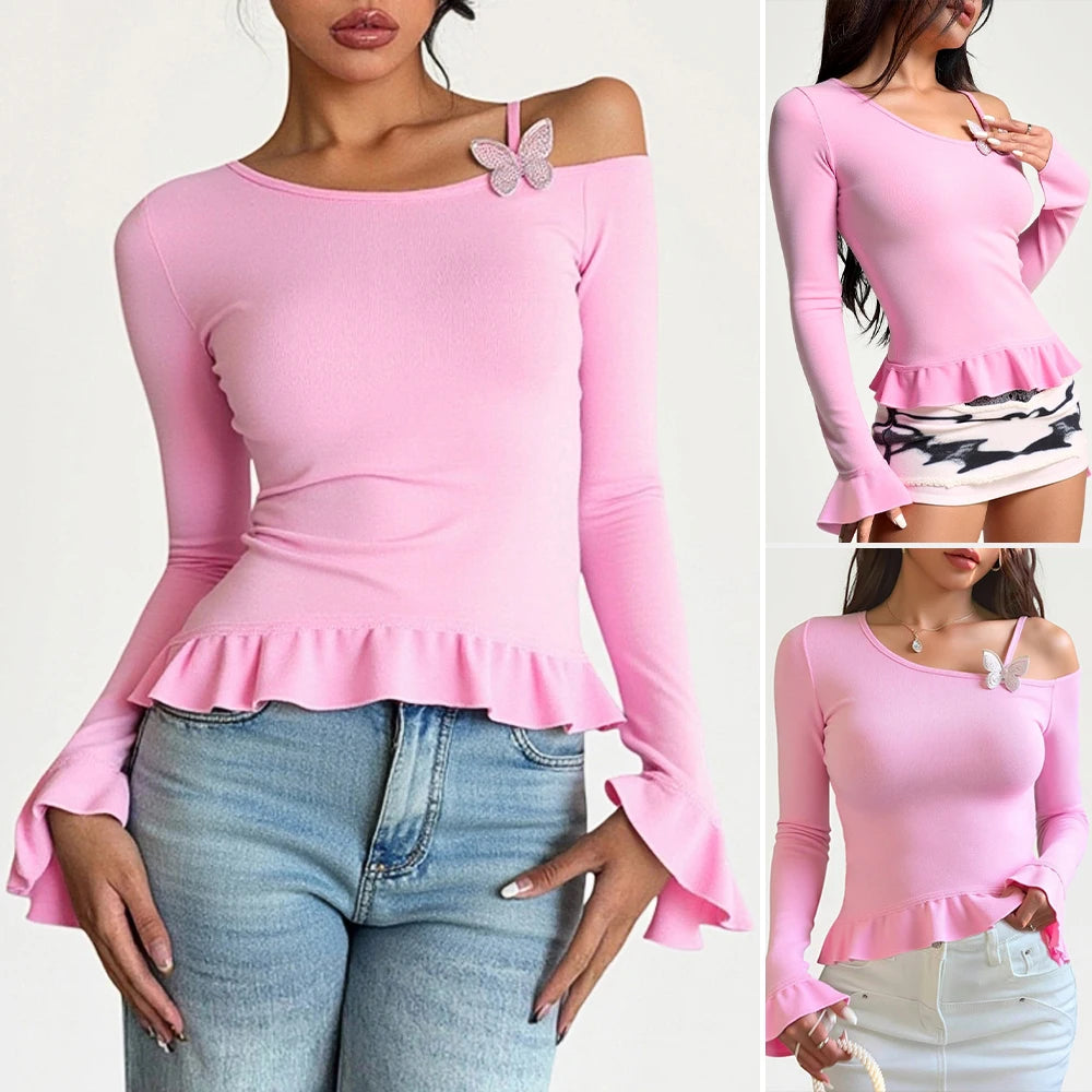 Women's T-Shirts Autumn Chic Youthful Dating Plain Flounce Spaghetti Strap Ruffle Sleeve One-Shoulder Casual T-Shirts