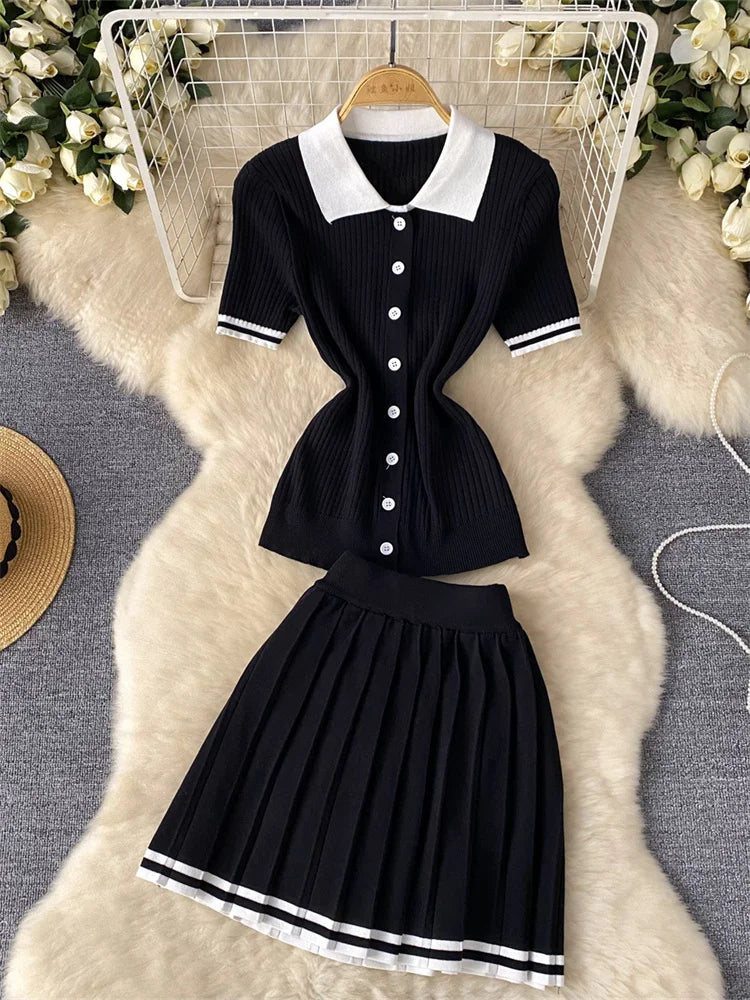Women's Fashion Patchwork 2 Piece Set Polo-Neck Single-Breasted Tops + Ruched Ruffles Mini Skirts Y2K Style Street Outfits