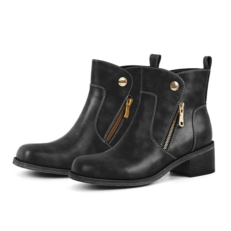 Women Round Toe Side Zipper Ankle Boots Gothic Heeled Conciser Winter Combat Boots