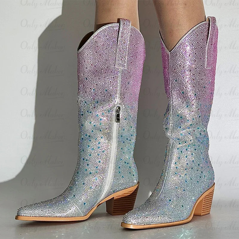 Women Pointed Toe Rhinestone Knee High Western Cowgirl Boots Glitter Bling Shiny Block Heel Lady Boots