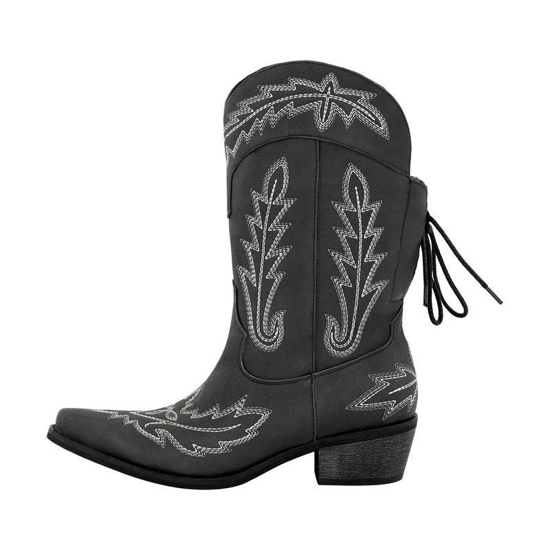 Women Pointed Toe Black Embroidery Western Boots Tapered Heel Round Up Mid-Calf Western Cowgirl Boots