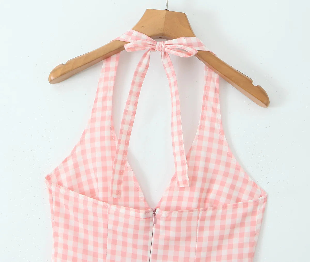 Summer Women Sexy Backless Pink Plaid Halter Dress Low Waist Elegant Party Dresses Holiday Robe