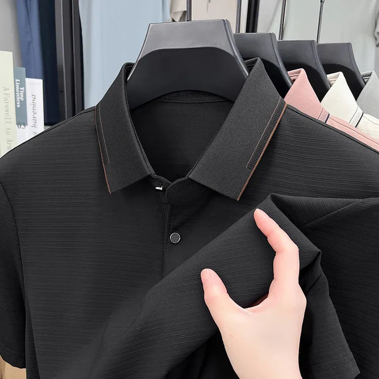 Men's Short-Sleeved T-Shirt, Subtle Striped Texture, Classic Collar Design With Button Details - Soft and Breathable Fabric Polo