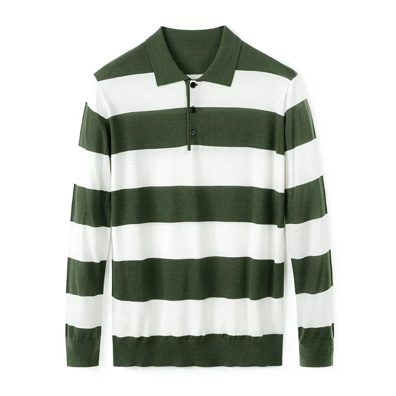 Men's Autumn & Winter 48-Count Worsted Basolan Wool Striped American T-Shirt with Polo Collar – Machine Washable & Loose-Knit