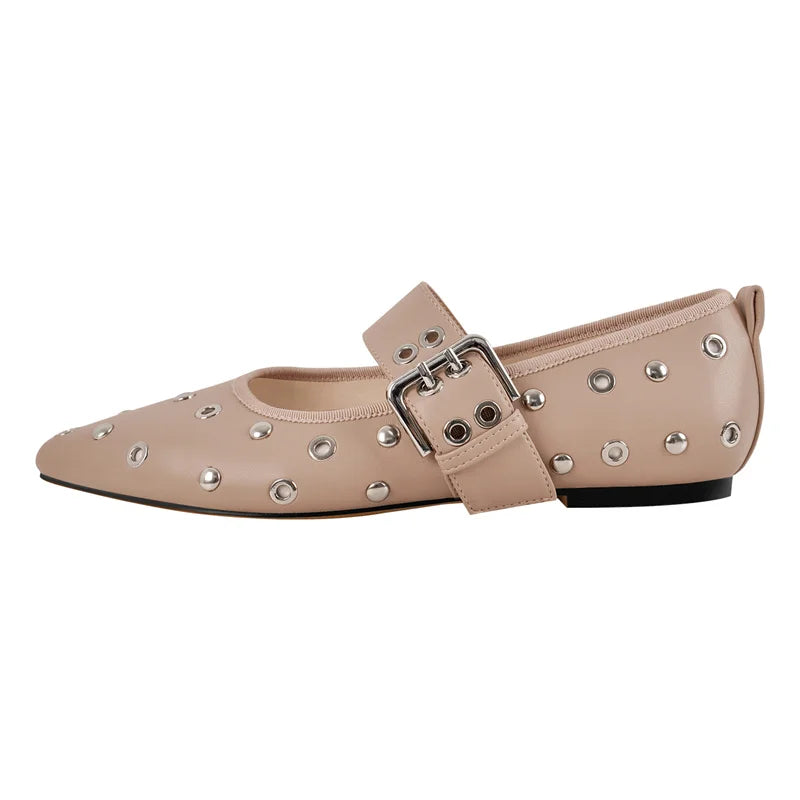 Women Pointed Toe Flats Comfortable Buckle Strap Mary Jane Studded Shoes