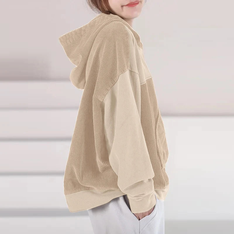Women Patchwork Corduroy Hoodies Loose Casual Irregular Pocket Hooded Sweatshirts 2024 Fall Colour Block Long Sleeve Tops