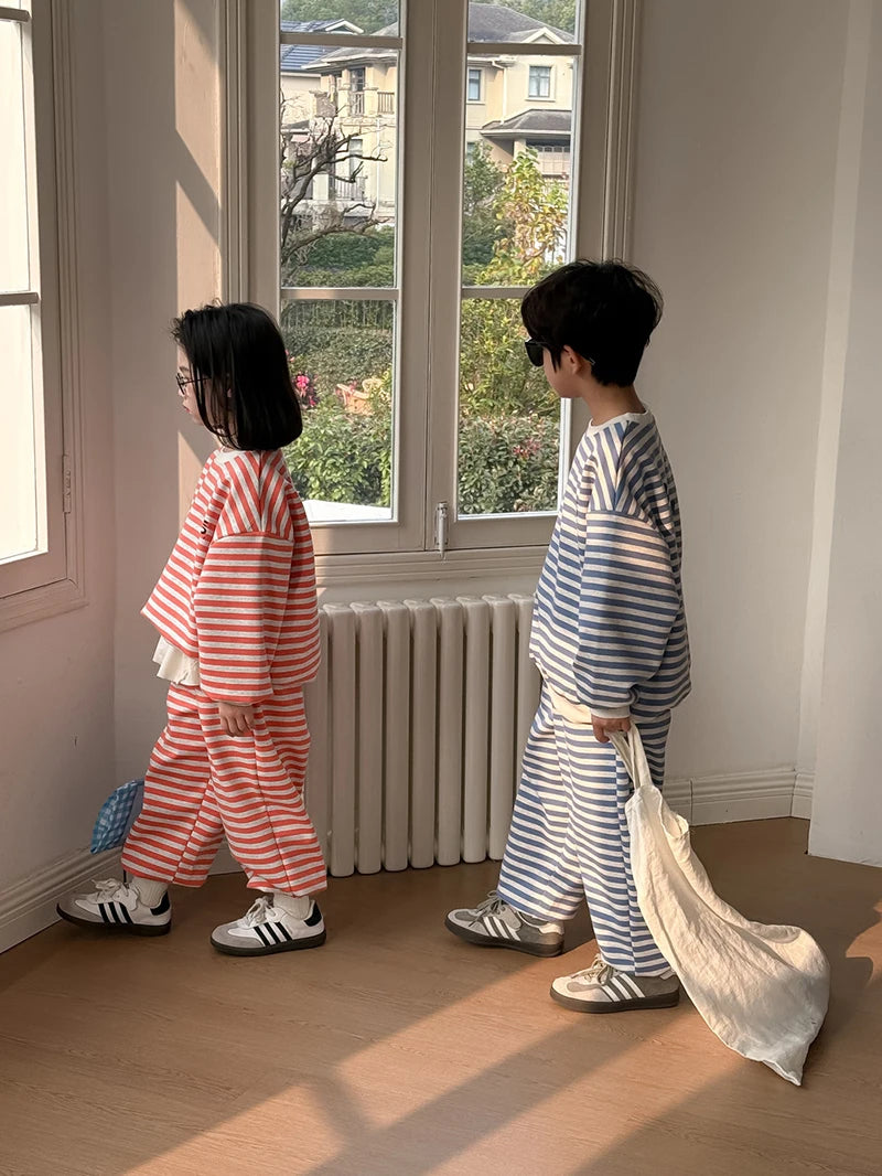 Spring Children's Clothes Boys' Tracksuit Kid's O-Neck Hoodie Set Girls' Korea Striped Letter Printed Sweatshirt 2Pcs Suit 4-6Y Unisex