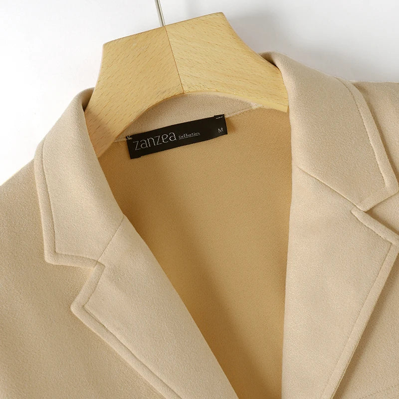Casual Suede Women's Blazer 2025 Spring Fall Long Sleeve Lapel Neck Suit Jackets Elegant Single-Breasted Streetwear Coats